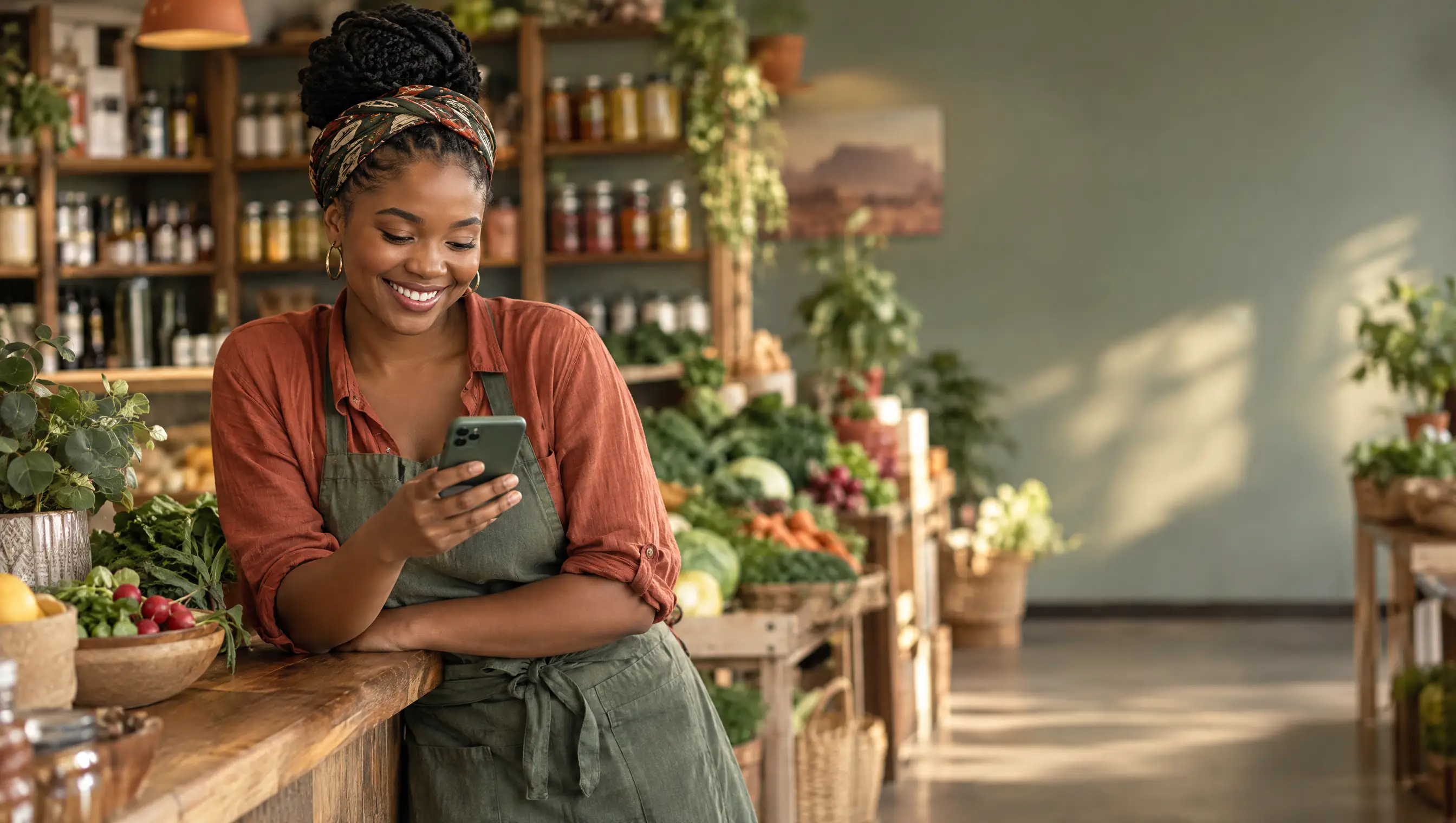 A shop owner smiling at a phone in a fresh-produce store